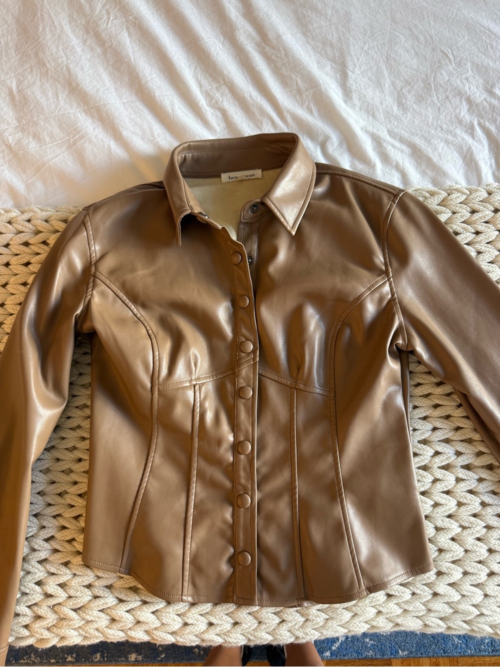 Faux Leather Button-Front Shacket in Brown